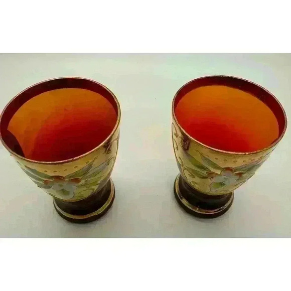 MCM Vintage Cranberry Shot Glasses set of Two Hand Painted Gold Band Beautiful - Picture 3 of 10